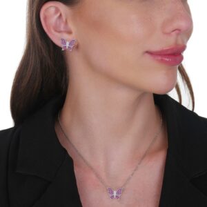 Conjunto Prateado de Borboletas Cravejado de Zircônia Rosa